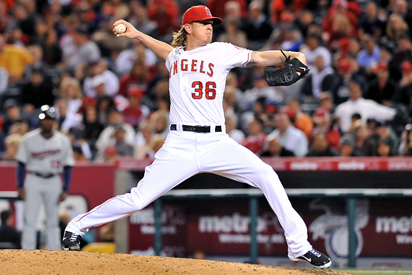 Los Angeles Angel's pitcher, Jered Weaver, throws a no-hitter against the Minnesota Twins at Angel Stadium in Anaheim, California on May 2 2012. 