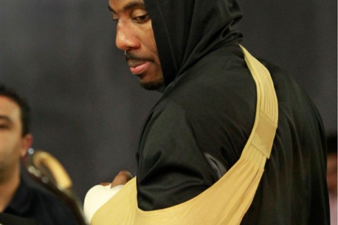 Knicks forward Stoudemire leaves the American Airlines Arena with his hand in a sling after his team's loss to the Heat in Game 2 of their first round NBA Eastern Conference basketball playoff in Miami