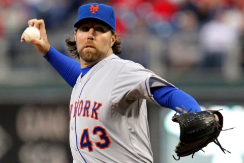 Mets starting pitcher Dickey delivers a pitch to the Phillies during the first inning of their National League MLB baseball game in Philadelphia