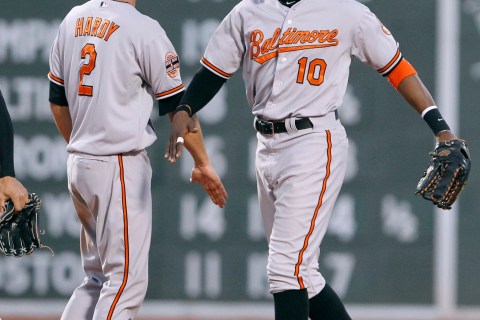 Orioles' Adam Jones slaps hands with teammate J.J. Hardy at the conclusion of the 17th inning of American League MLB baseball action against the Boston Red Sox at Fenway Park in Boston