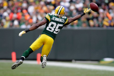 Packers' Jennings fails to catch a pass while playing against the Buccaneers in their NFL football game in Green Bay