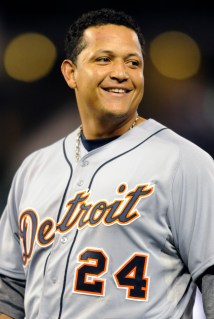 Detroit's Cabrera smiles to fans after hitting a two-run single against Kansas City in their MLB baseball game in Kansas City