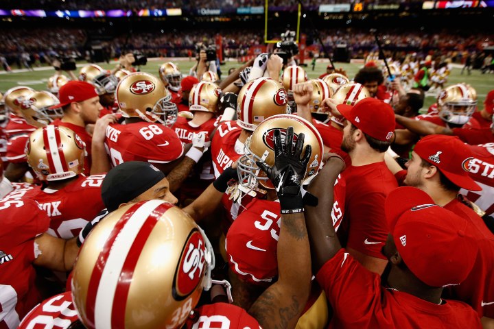 The San Francisco 49ers huddle up prior to the start of Super Bowl XLVII against the Baltimore Ravens at the Mercedes-Benz Superdome in New Orleans, Feb. 3, 2013.