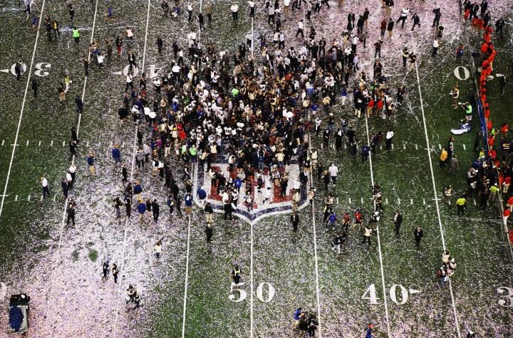 Confetti falls on the field as the Baltimore Ravens celebrate their 34-31 win against the San Francisco 49ers during Super Bowl XLVII at the Mercedes-Benz Superdome in New Orleans Feb. 3, 2013.  