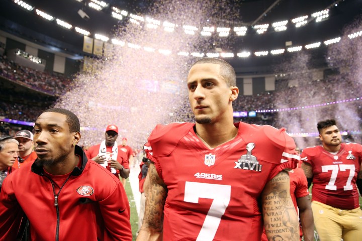 Colin Kaepernick of the San Francisco 49ers walks off the field after losing against the Baltimore Ravens in Super Bowl XLVII at the Mercedes-Benz Superdome in New Orleans, Feb. 3, 2013.