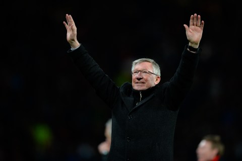 Sir Alex Ferguson manager of Manchester United celebrates winning the Barclays Premier League for the 20th time, at the Old Trafford Stadium, in Manchester, England, on April 22, 2013. 