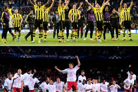 From top: Dortmund's players celebrating at the end of the UEFA Champions League semi-final second leg football match against Real Madrid CF at the Santiago Bernabeu stadium in Madrid on April 30, 2013; Bayern Munich celebrating their victory at the end of the UEFA Champions League semi-final second leg football match against FC Barcelona at the Camp Nou stadium in Barcelona on May 1, 2013.