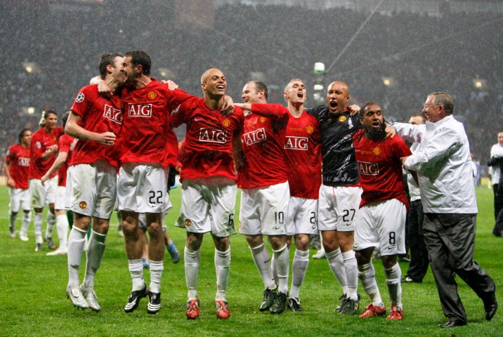 From right: Manchester United manager Sir Alex Ferguson celebrates with his players after their UEFA Champions League final soccer match against Chelsea at the Luzhniki stadium in Moscow, on May 22, 2008.
