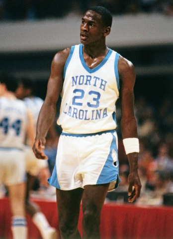 Michael Jordan of the North Carolina Tar Heels competes against the Indiana University Hoosiers, c. 1984.