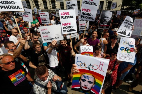 Demonstrators during a protest against Russia's new anti-gay propaganda law, outside Downing Street in London, on Aug. 10, 2013.