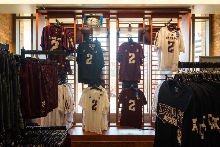 Jerseys bearing the number—but not the name—of Texas A&M quarterback Johnny Manziel are sold in the campus bookstore.