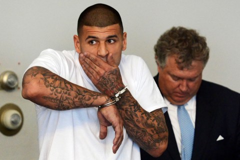 New England Patriots tight end Aaron Hernandez is arraigned in court in Attleborough, Massachusetts