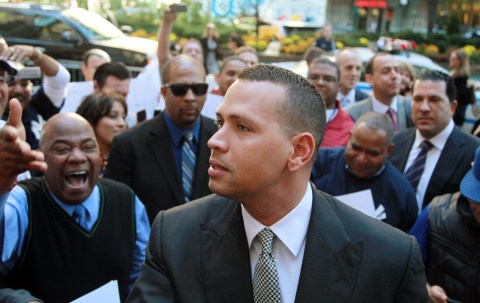 In this Oct. 1, 2013, file photo, New York Yankees' Alex Rodriguez arrives at the offices of Major League Baseball in New York. 