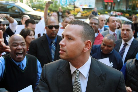 In this Oct. 1, 2013, file photo, New York Yankees' Alex Rodriguez arrives at the offices of Major League Baseball in New York. 