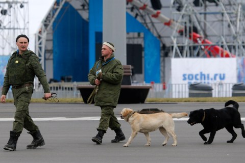 Members of Russian military patrol with sniffer dogs inside the Olympic Park in the Adler district of Sochi