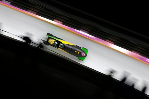 Jamaica's Winston Watts and Marvin Dixon speed down the track during the two-man bobsleigh event at the 2014 Sochi Winter Olympics