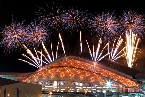 Fireworks over the Fisht Olympic Stadium at the Olympic Park during a rehearsal of the opening ceremony in Sochi, on Feb. 4, 2014.