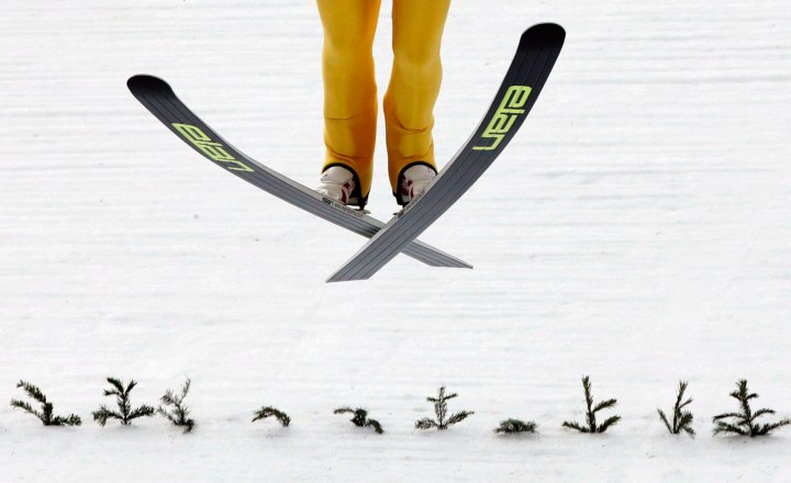 Finland's Mikke Leinonen lands during a men's nordic combined training session.