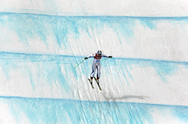 Russia's Igor Korotkov lands from a jump during men's ski cross seeding runs at the Rosa Khutor Extreme Park.