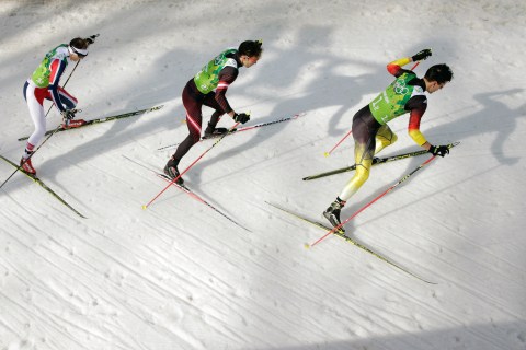 Haavard Klemetsen of Norway, Christoph Bieler of Austria and Bjoern Kircheisen of Germany compete in the Nordic Combined Men's Team 4 x 5 km.