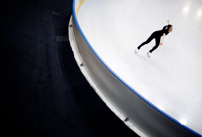 Yuna Kim of South Korea performs during the practice session at Iceberg Skating Palace.