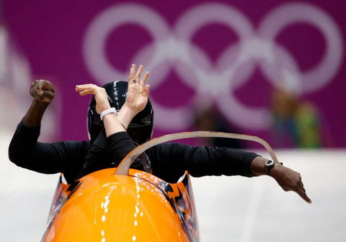 Kamphuis of the Netherlands starts a two-women bobsleigh training event at the Sanki Sliding Center