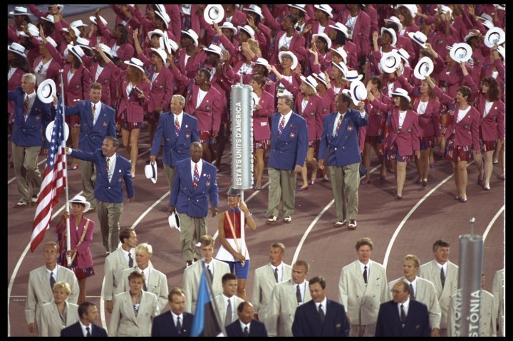 Francie Larrieu-Smith leads the USA Olympic Team at the start of the 1992 summer games in Barcelona. 