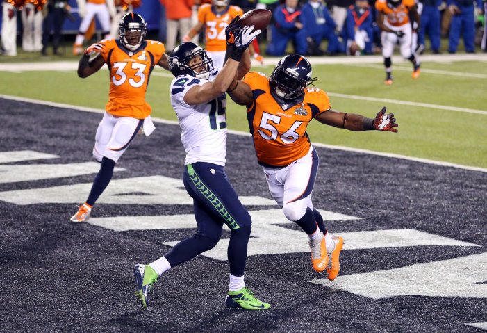 Denver Broncos outside linebacker Nate Irving breaks up a pass intended for Seattle Seahawks wide receiver Jermaine Kearse in the end zone during the first quarter.