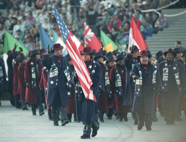 American cross country skier Bill Koch carries the American flag at the beginning of the the 1992 WInter Olympics in  Albertville, France. 